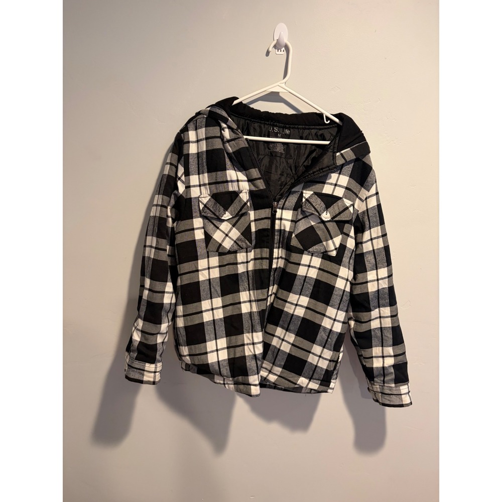 U.S. Life Mens Black White Plaid Hooded Flannel Jacket Quilted Lining Size M